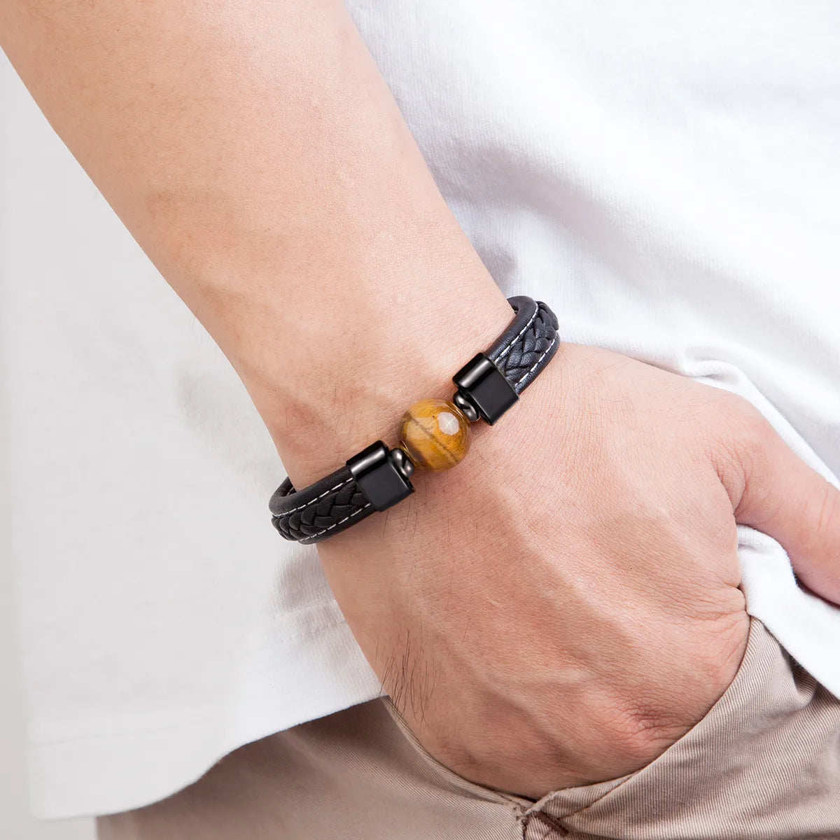 Classic Style Round Natural Stone Agate Tiger Eye Round Men'S Bangle