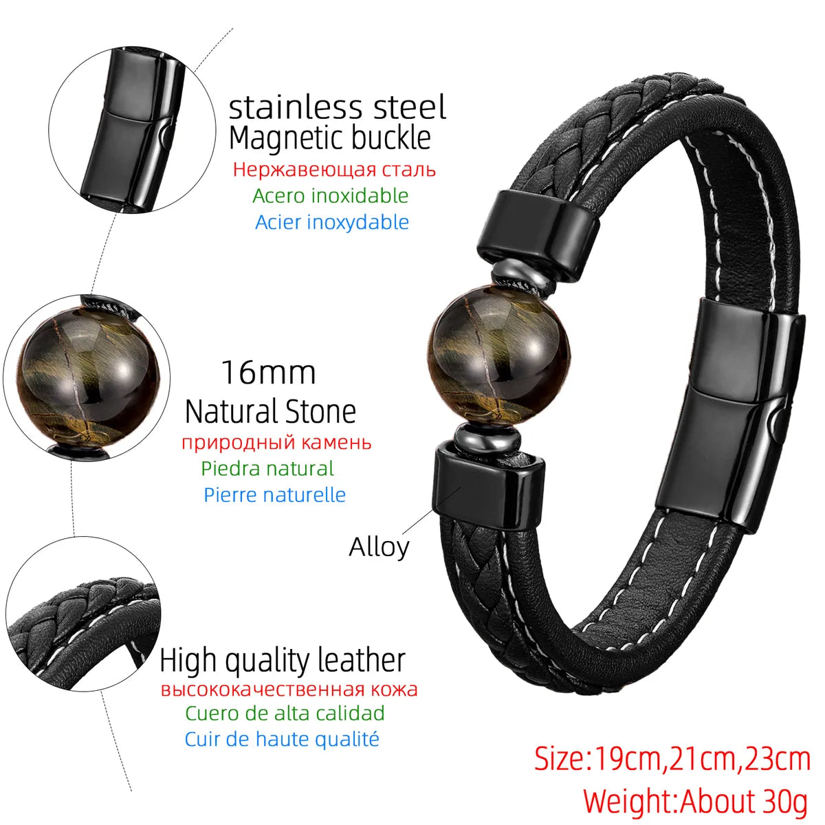 Classic Style Round Natural Stone Agate Tiger Eye Round Men'S Bangle