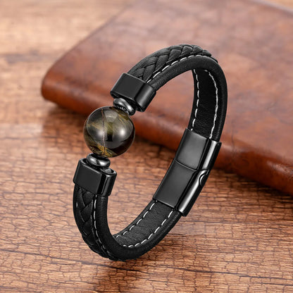 Classic Style Round Natural Stone Agate Tiger Eye Round Men'S Bangle