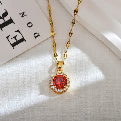 Wholesale Jewelry Classic Style Round Titanium Steel Copper Zircon Gold Plated Inlay Pendant Necklace