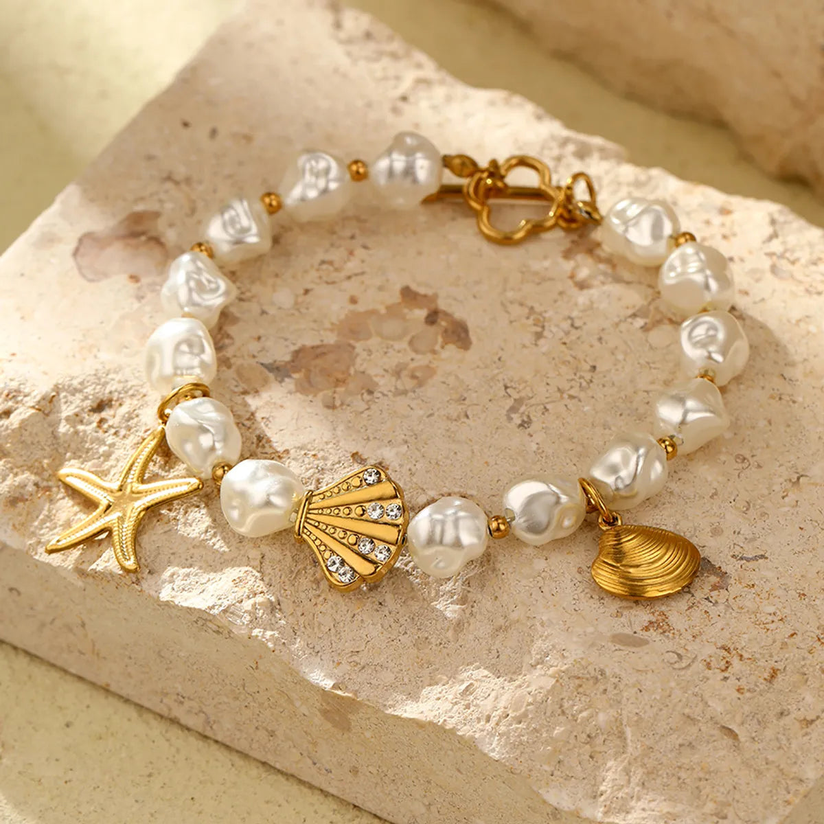 Classic Style Scallop Starfish 18K Gold Plated Zircon 316 Stainless Steel  Artificial Pearl Wholesale Bracelets