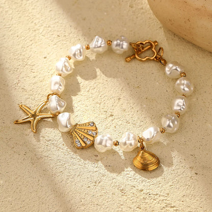 Classic Style Scallop Starfish 18K Gold Plated Zircon 316 Stainless Steel  Artificial Pearl Wholesale Bracelets