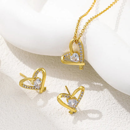 Classic Style Shiny Heart Shape Copper Plating Inlay Zircon 18k Gold Plated Earrings Necklace