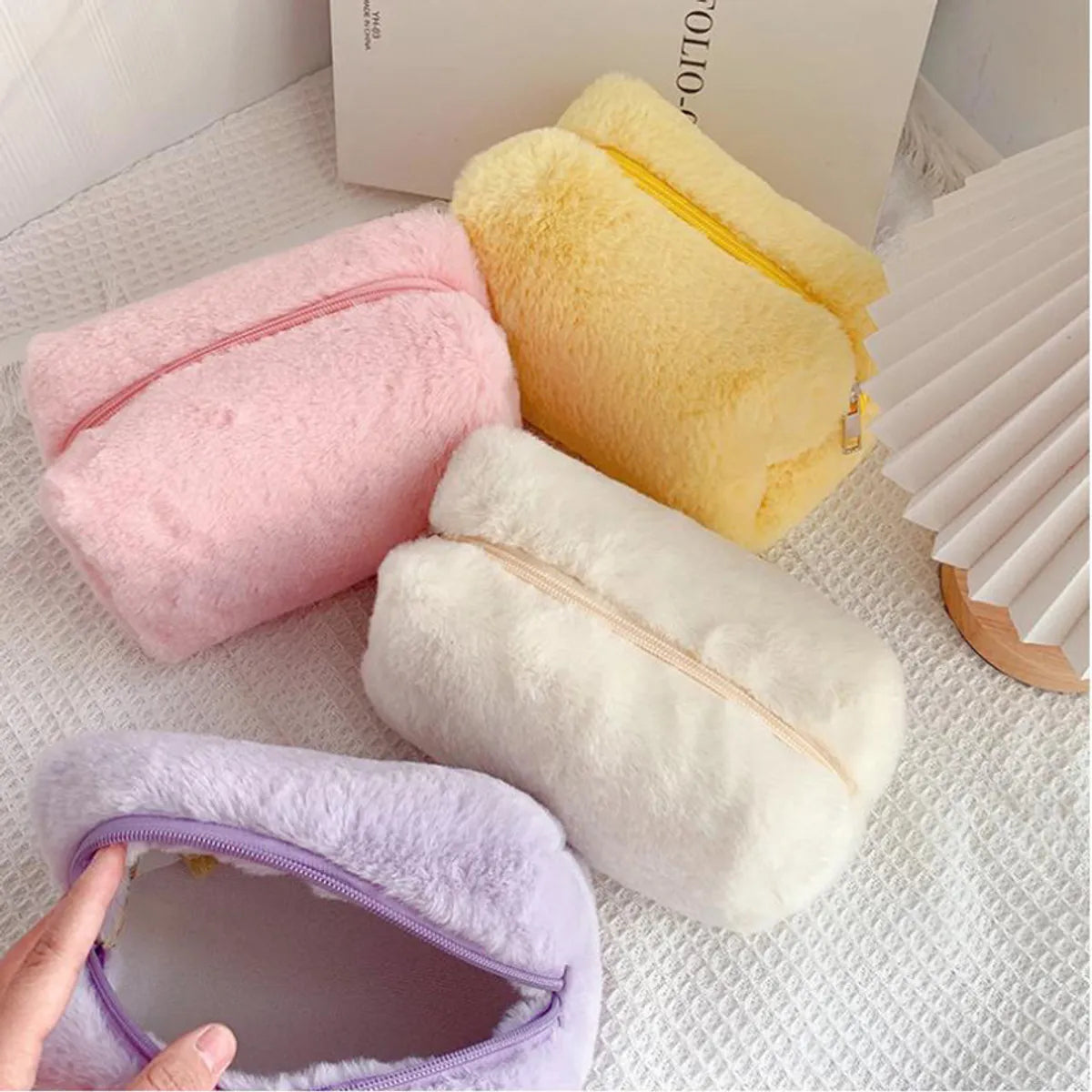 Classic Style Solid Color Cotton Plush Square Makeup Bags