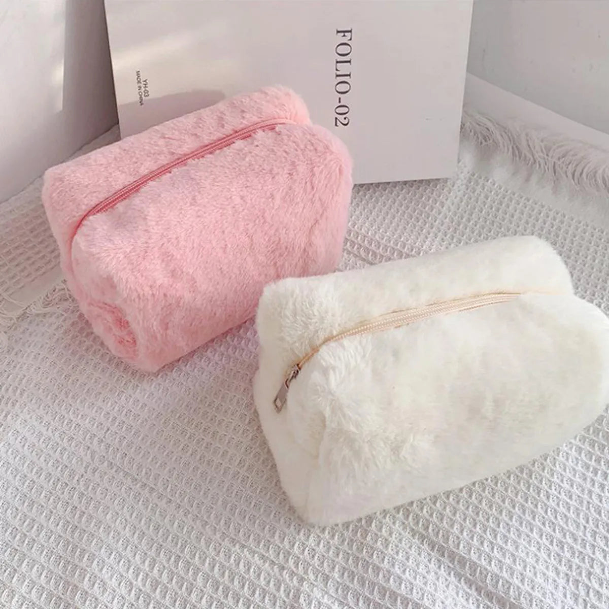 Classic Style Solid Color Cotton Plush Square Makeup Bags