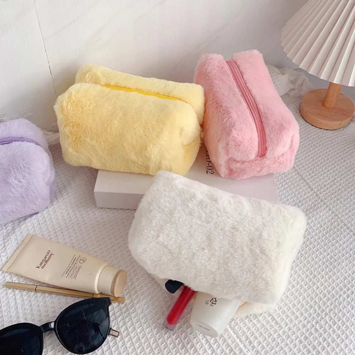 Classic Style Solid Color Cotton Plush Square Makeup Bags