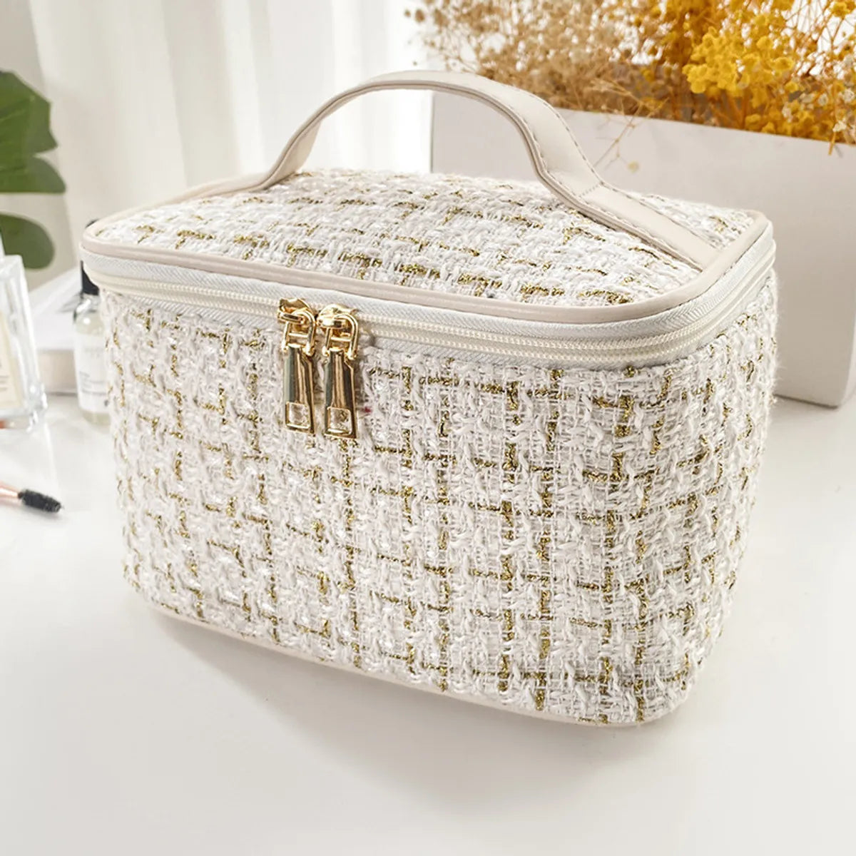 Classic Style Solid Color Polyester Sequins Metal Button Square Makeup Bags