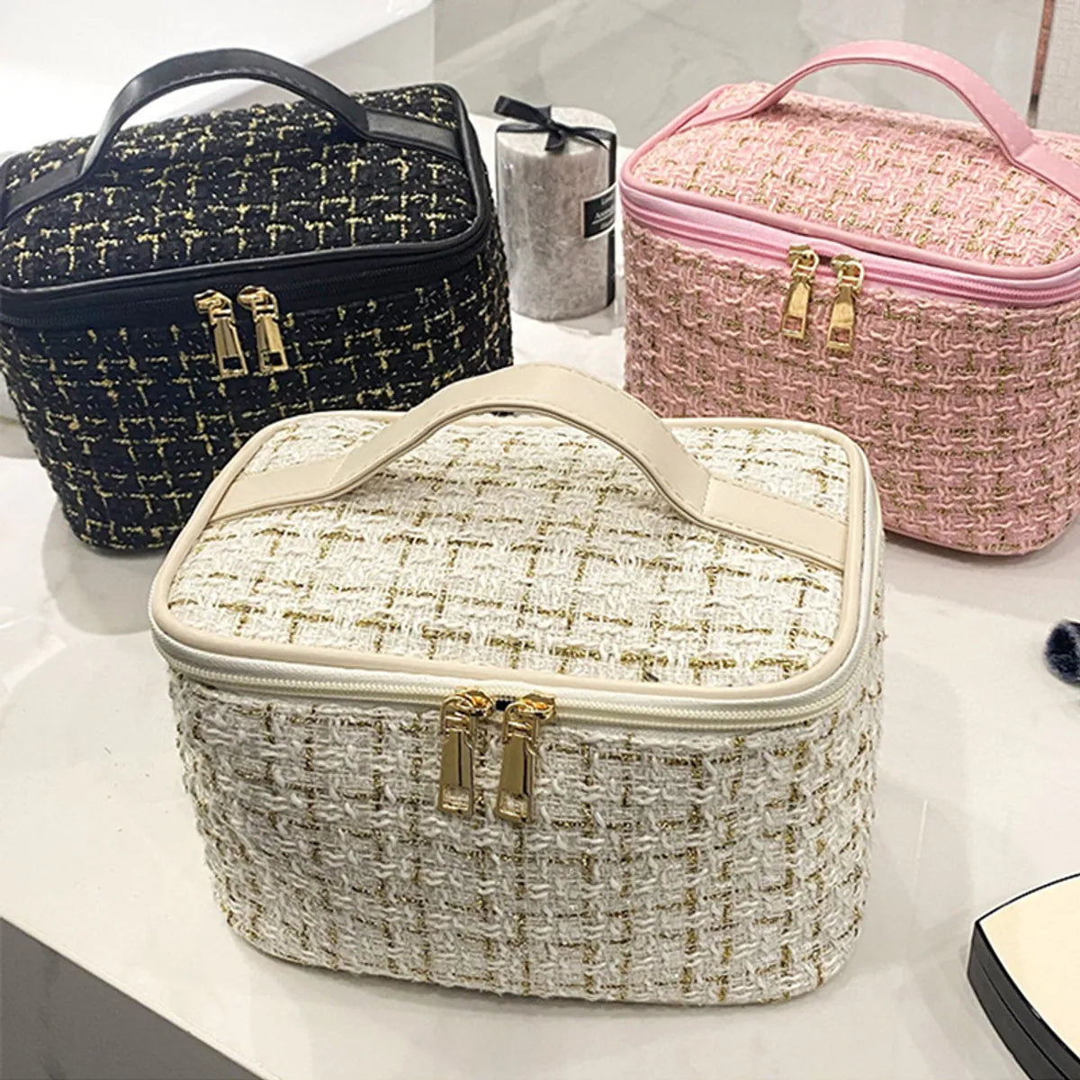 Classic Style Solid Color Polyester Sequins Metal Button Square Makeup Bags