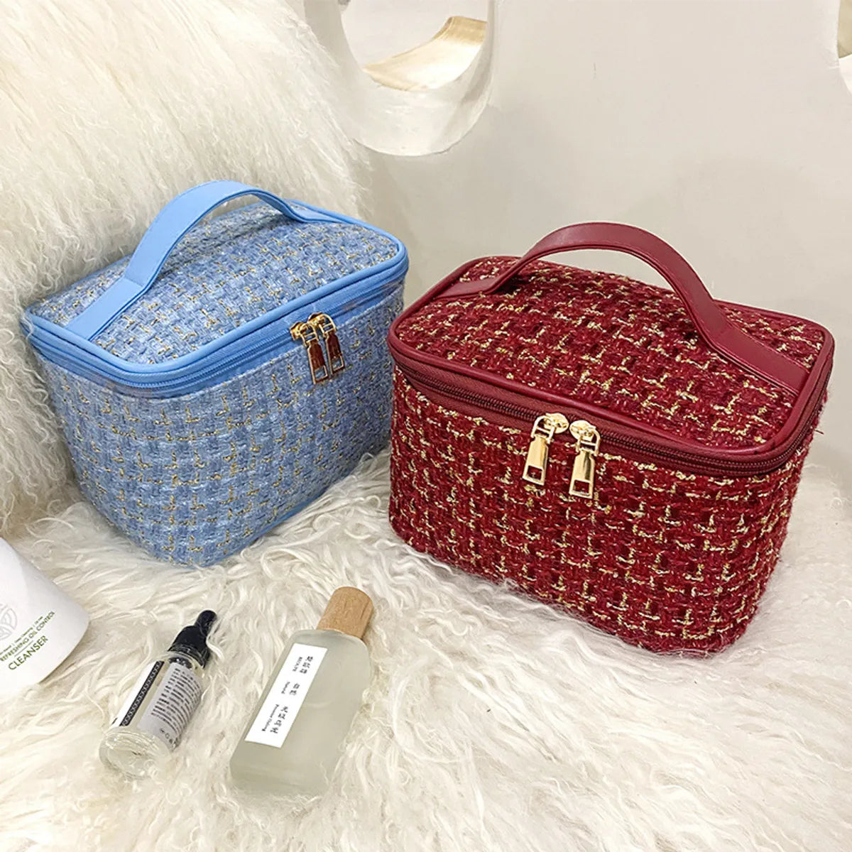 Classic Style Solid Color Polyester Sequins Metal Button Square Makeup Bags