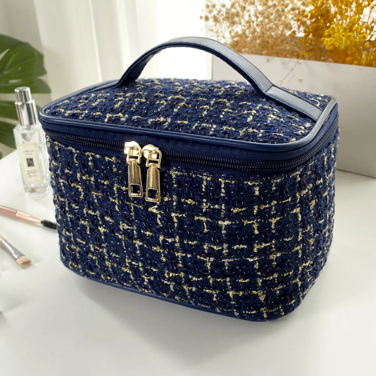 Classic Style Solid Color Polyester Sequins Metal Button Square Makeup Bags