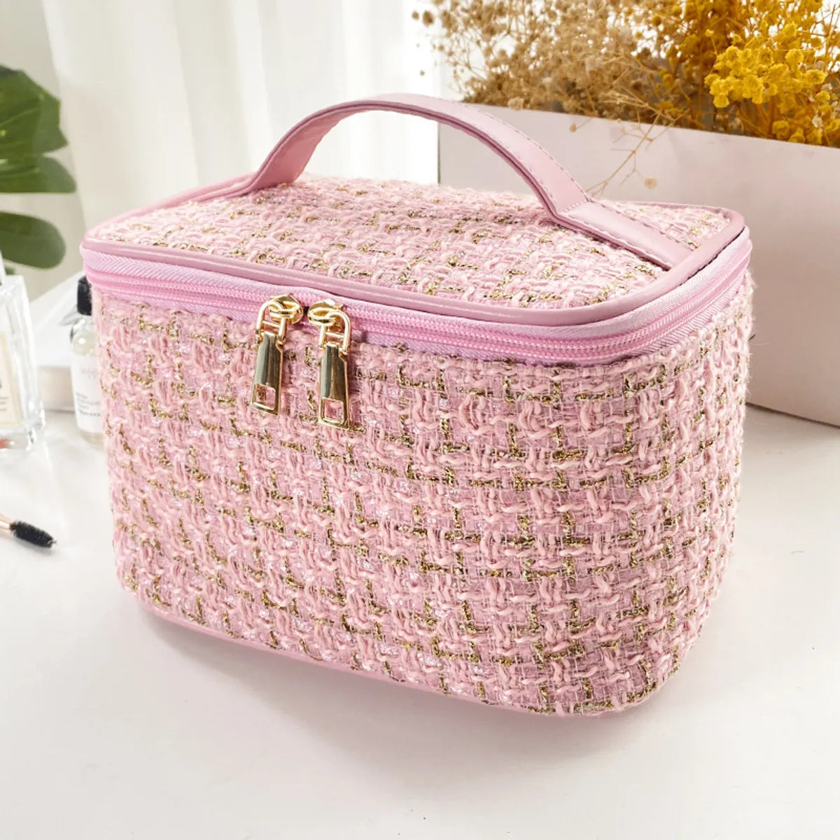 Classic Style Solid Color Polyester Sequins Metal Button Square Makeup Bags