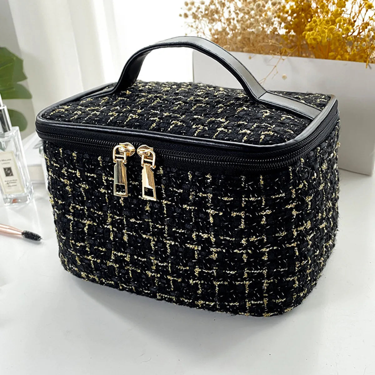 Classic Style Solid Color Polyester Sequins Metal Button Square Makeup Bags