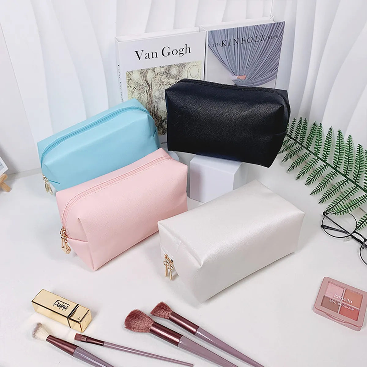 Classic Style Solid Color Pu Leather Square Makeup Bags