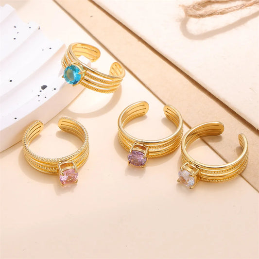 Classic Style Solid Color Stainless Steel Plating Inlay Zircon 18k Gold Plated Open Rings