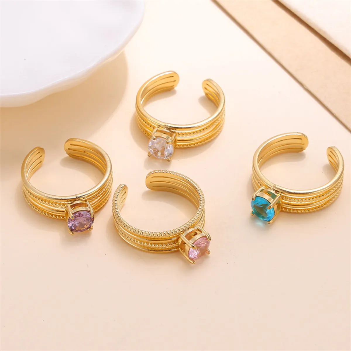 Classic Style Solid Color Stainless Steel Plating Inlay Zircon 18k Gold Plated Open Rings