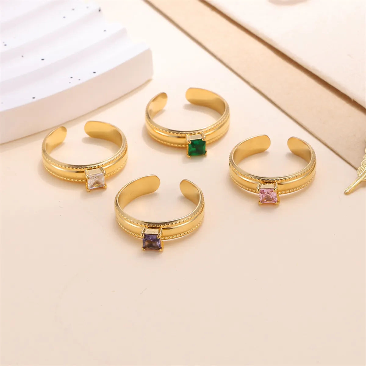 Classic Style Solid Color Stainless Steel Plating Inlay Zircon 18k Gold Plated Open Rings