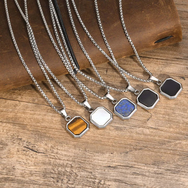 Classic Style Square Stainless Steel Plating Inlay Natural Stone 18k Gold Plated Pendant Necklace