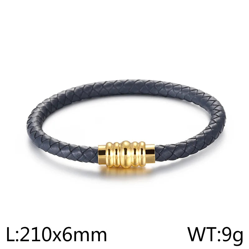 Classic Style Streetwear Solid Color Stainless Steel Pu Leather Plating 18K Gold Plated Men'S Bangle