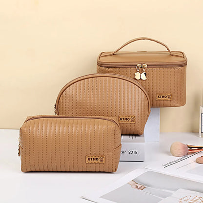 Classic Style Stripe Pu Leather Semicircle Square Makeup Bags