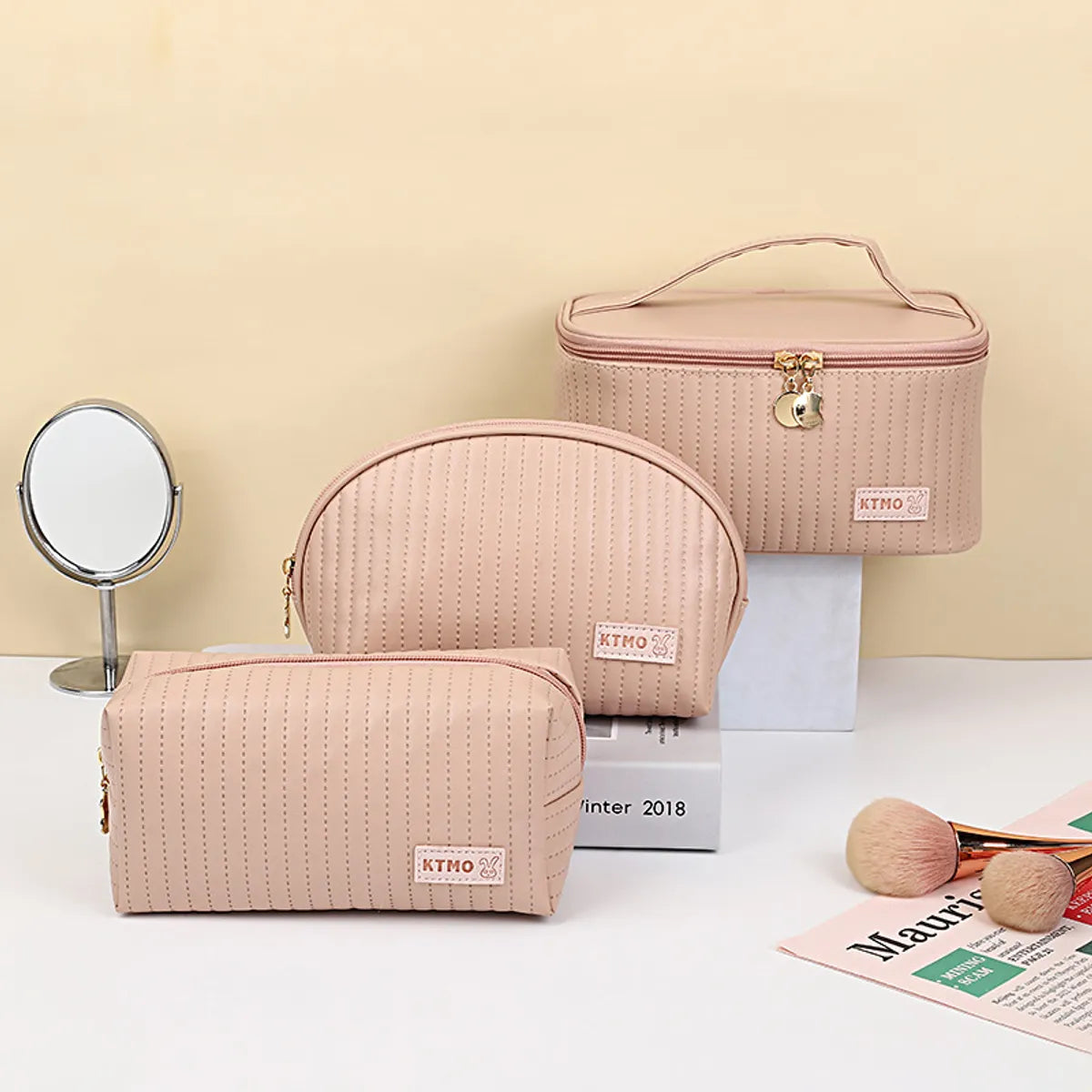 Classic Style Stripe Pu Leather Semicircle Square Makeup Bags