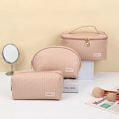 Classic Style Stripe Pu Leather Semicircle Square Makeup Bags