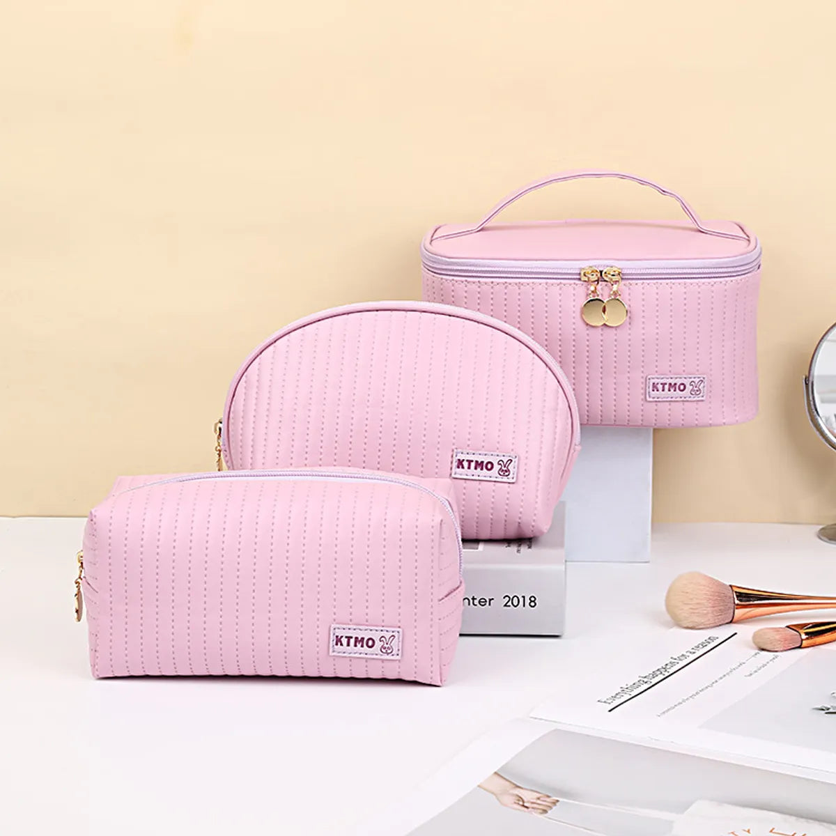 Classic Style Stripe Pu Leather Semicircle Square Makeup Bags