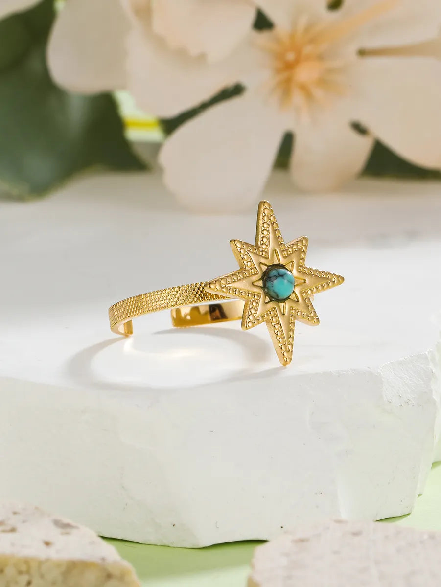 304 Stainless Steel 18K Gold Plated Classic Style Plating Inlay Sun Turquoise Rings