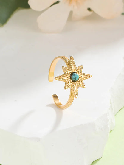 304 Stainless Steel 18K Gold Plated Classic Style Plating Inlay Sun Turquoise Rings