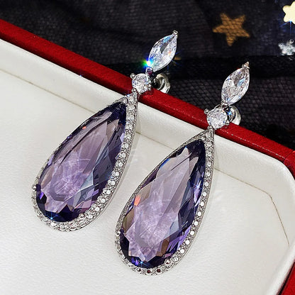 Classic Water Micro-set Purple Zircon Contrast Color Long Copper Earrings Wholesale