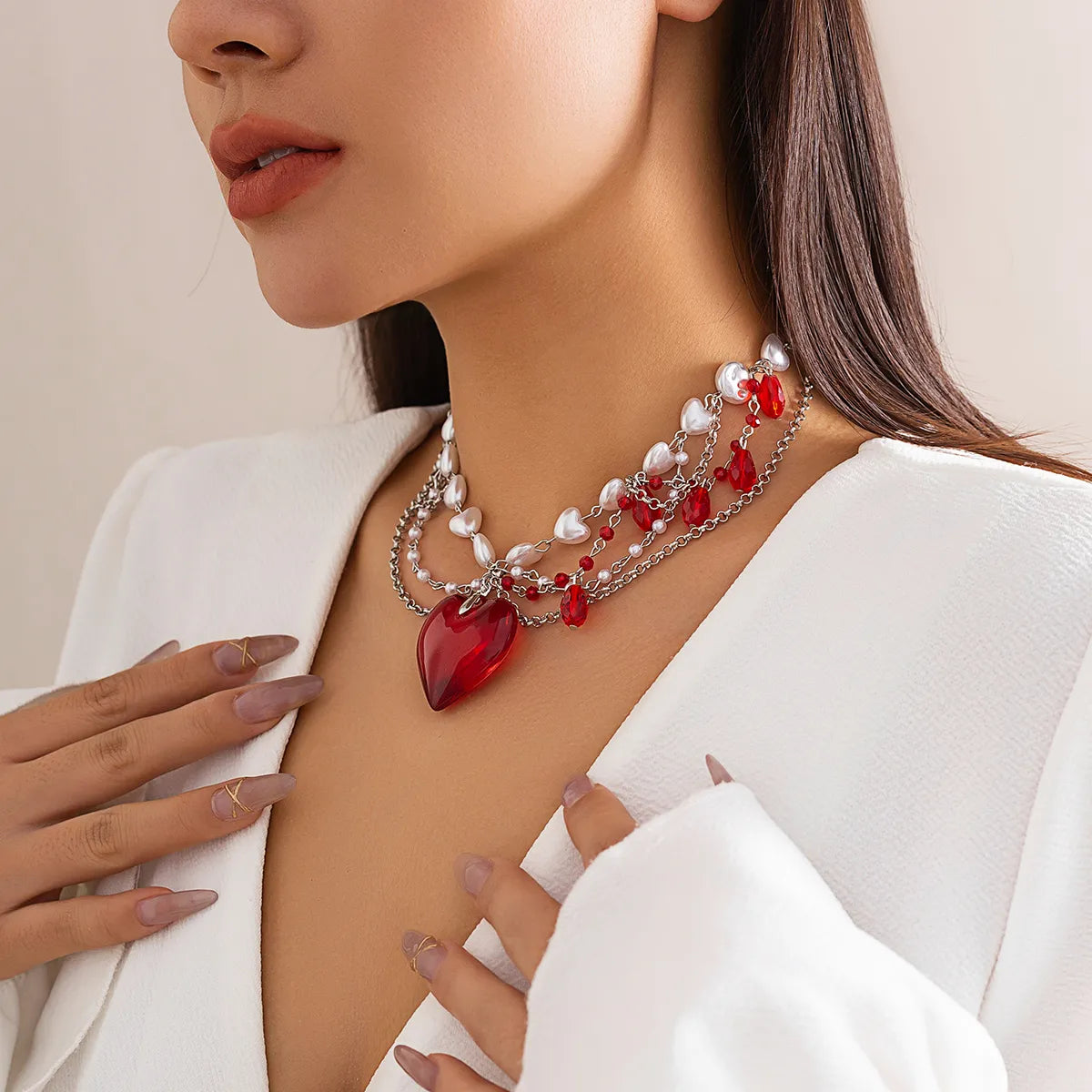 Classical Classic Style Irregular Heart Shape Imitation Pearl Glass Irregular Three-dimensional Chain Women's Layered Necklaces