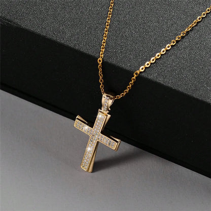 Classical Cross Copper Plating Inlay Zircon Gold Plated Pendant Necklace