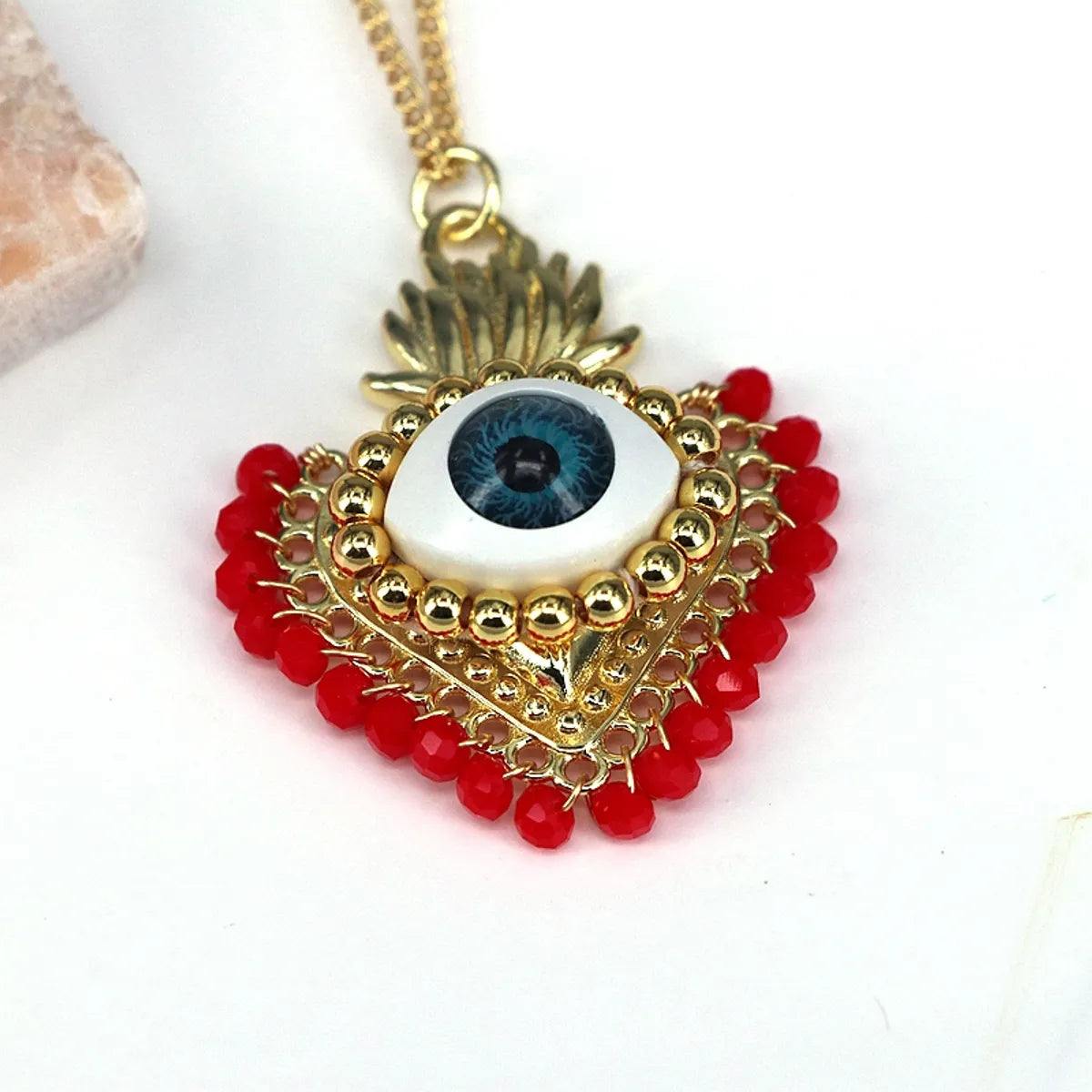 Classical Ethnic Style Heart Shape 18K Gold Plated Artificial Crystal Copper Wholesale Pendant Necklace