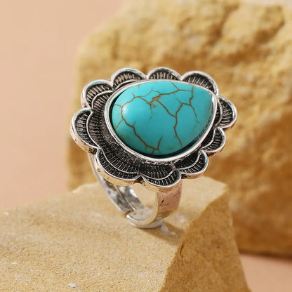 Classical Ethnic Style Water Droplets Alloy Inlay Turquoise Women's Open Ring