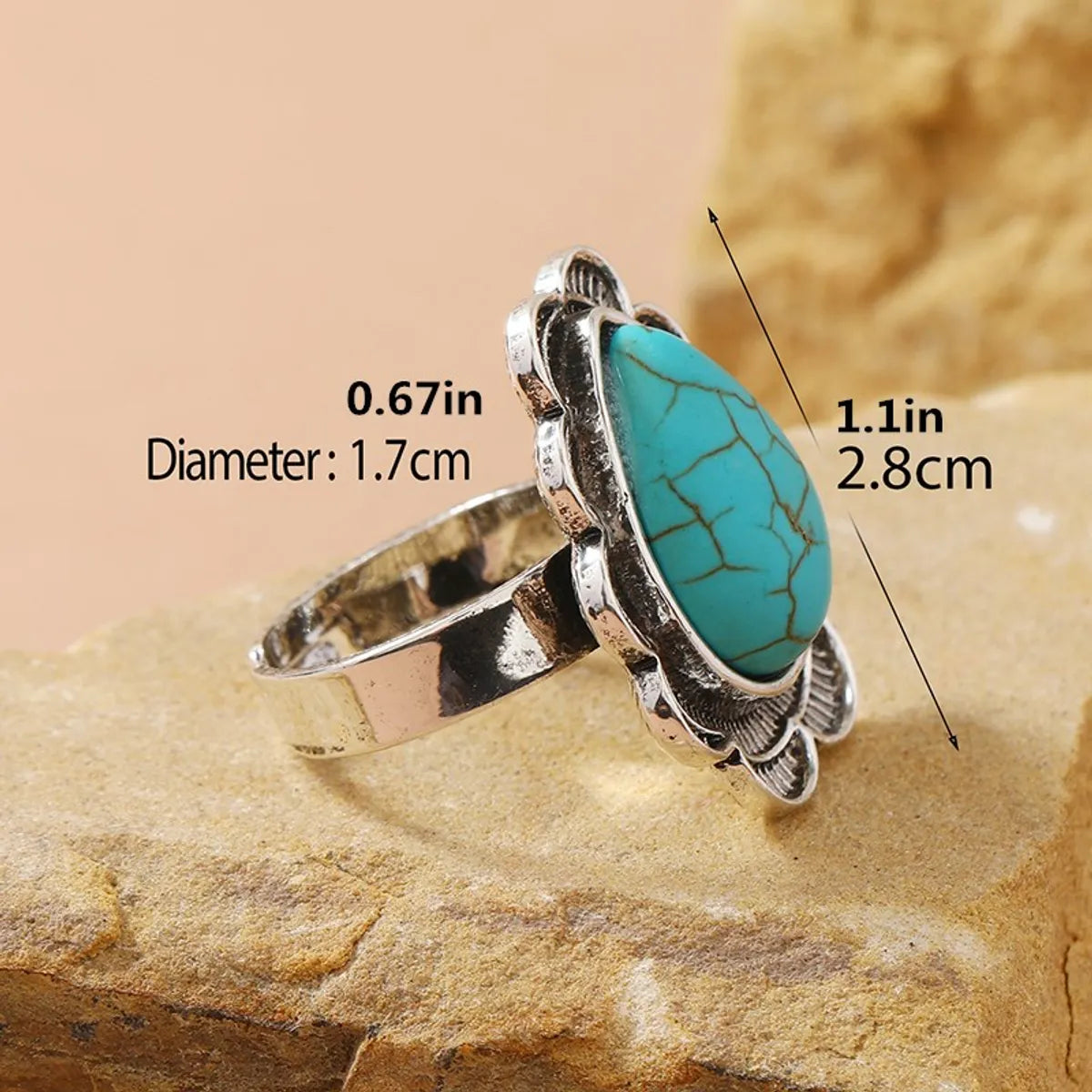 Classical Ethnic Style Water Droplets Alloy Inlay Turquoise Women's Open Ring