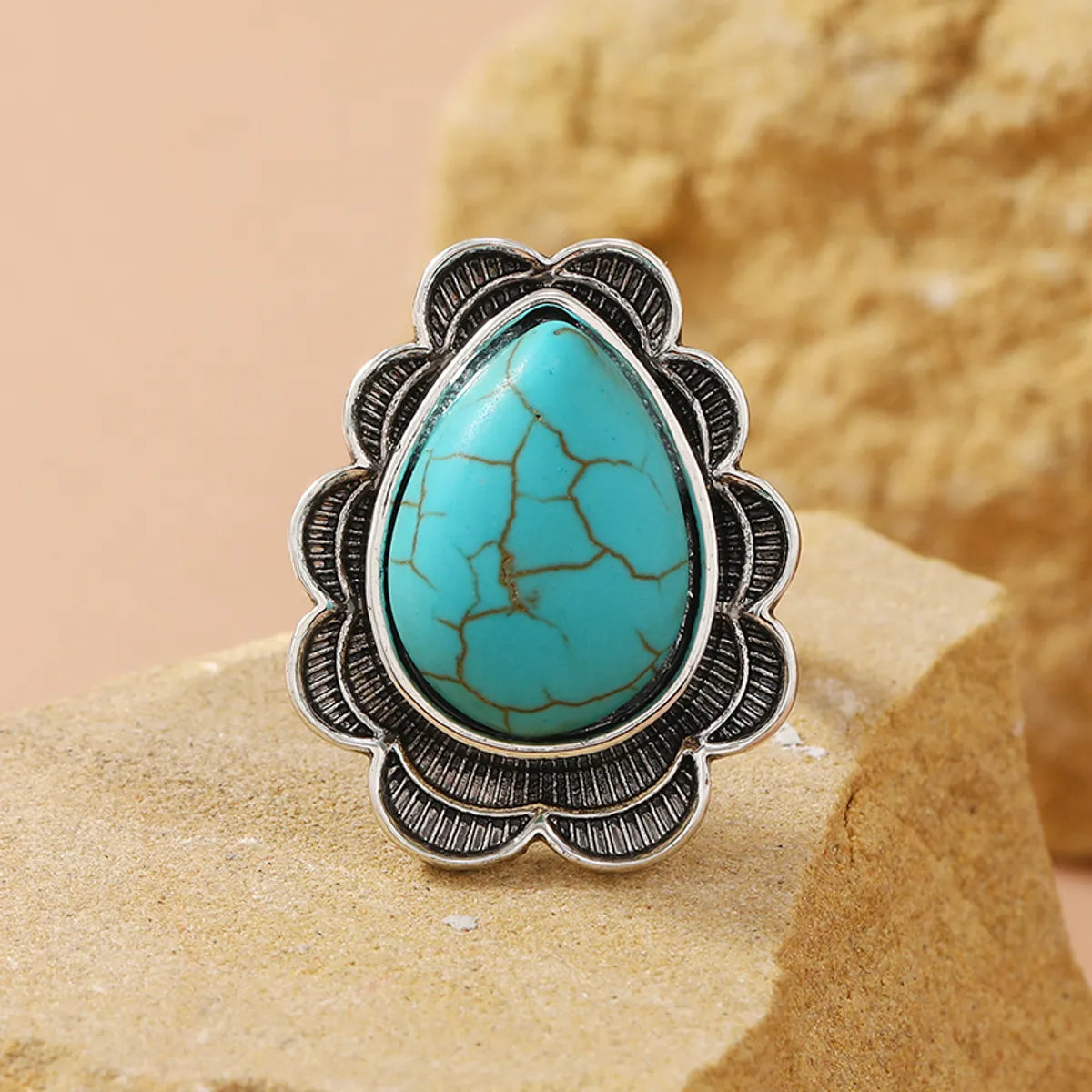 Classical Ethnic Style Water Droplets Alloy Inlay Turquoise Women's Open Ring