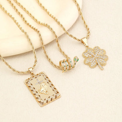 Classical Exaggerated Four Leaf Clover Palm Crown Stainless Steel Plating Inlay Zircon 18k Gold Plated Necklace