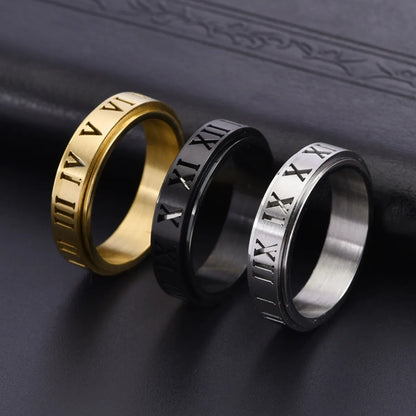 Classical Funny Romantic Roman Numeral 304 Stainless Steel Polishing Hollow Out 18K Gold Plated Unisex Rings Anxiety Ring