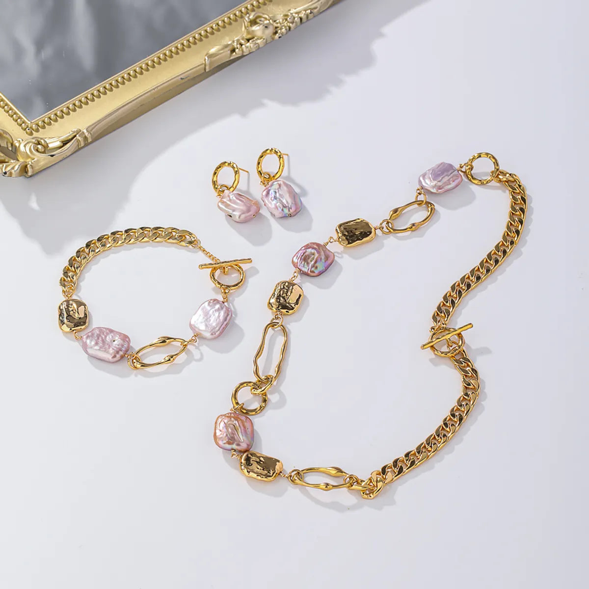 Classical Geometric Artificial Pearl Alloy Patchwork 18k Gold Plated Women's Bracelets Earrings Necklace