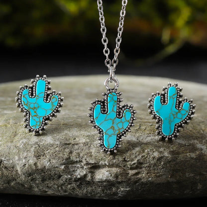 Classical Novelty Classic Style Cactus Turquoise Zinc Alloy Wholesale Earrings Necklace Jewelry Set