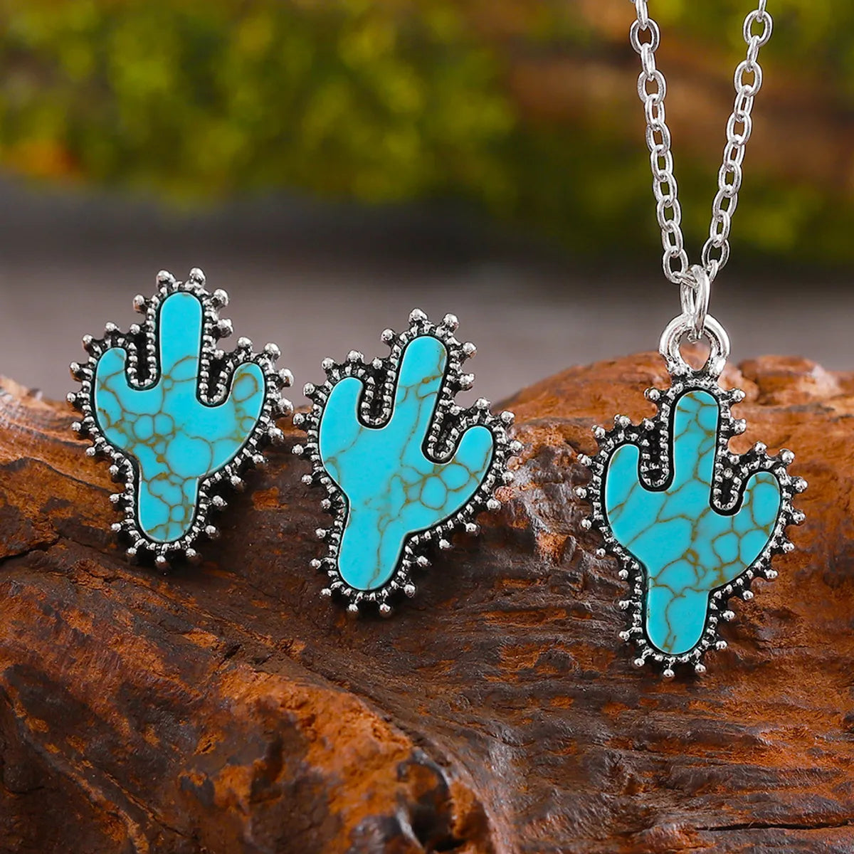 Classical Novelty Classic Style Cactus Turquoise Zinc Alloy Wholesale Earrings Necklace Jewelry Set