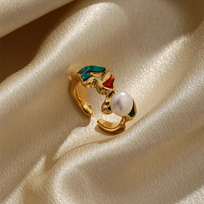 Classical Retro Commute Irregular Copper Painted Plating Inlay Pearl 18k Gold Plated Open Rings