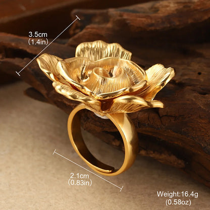 Classical Retro French Style Flower Alloy Copper Plating Inlay Imitation Pearl 18K Gold Plated Women'S Adjustable Ring