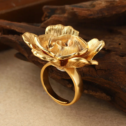 Classical Retro French Style Flower Alloy Copper Plating Inlay Imitation Pearl 18K Gold Plated Women'S Adjustable Ring