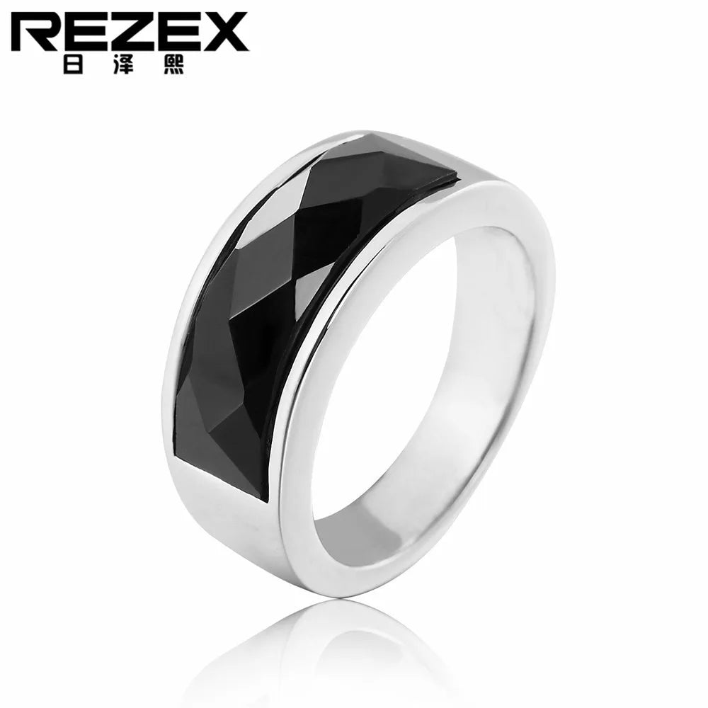 Classical Solid Color Titanium Steel Inlay Artificial Gemstones Unisex Rings