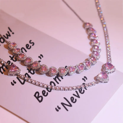 Light Luxury Heavy Industry High-end Clavicle Chain Female Summer Sweet Pink Love Pull Choker Necklace Full Zircon Necklace