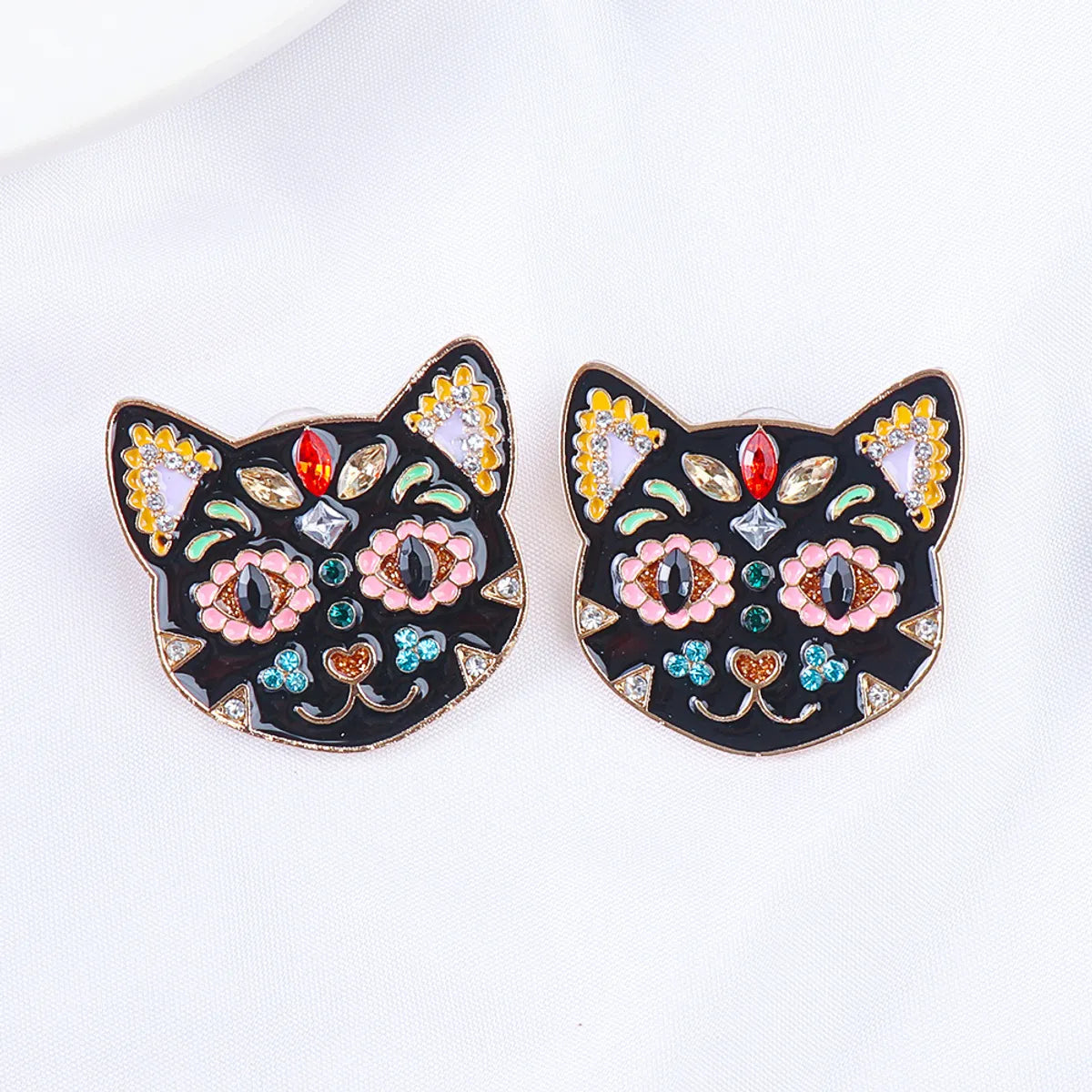 55625 Europe And America Creative Black Cat Colorful Cat Funny Earrings Halloween Ghost Festival Ear Studs Oil-plated Diamond Earrings