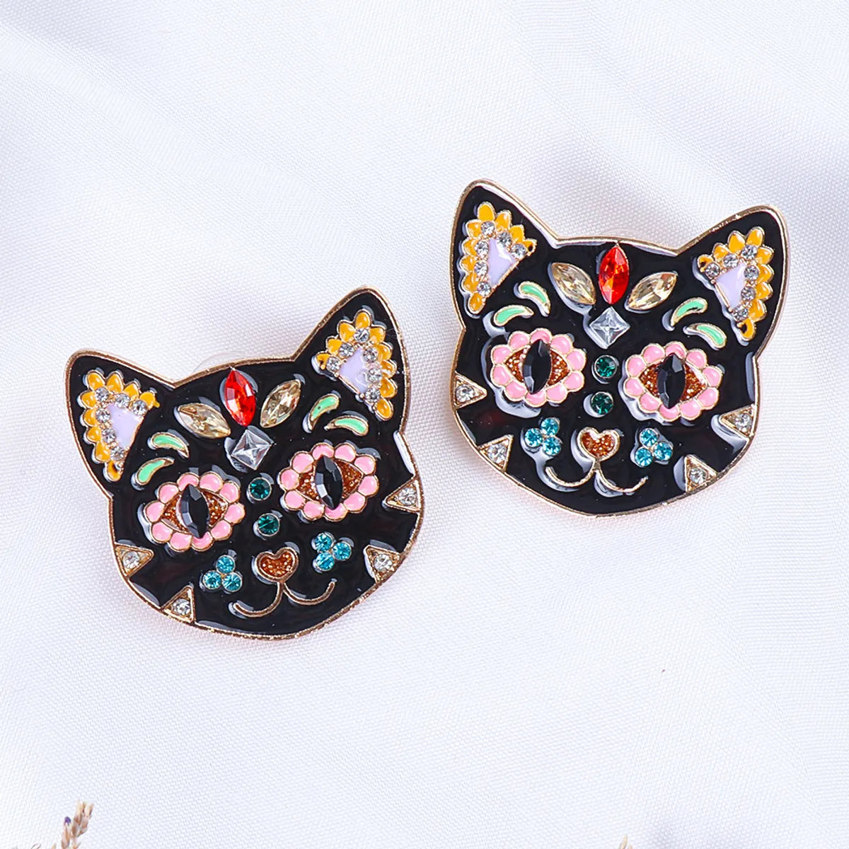 55625 Europe And America Creative Black Cat Colorful Cat Funny Earrings Halloween Ghost Festival Ear Studs Oil-plated Diamond Earrings