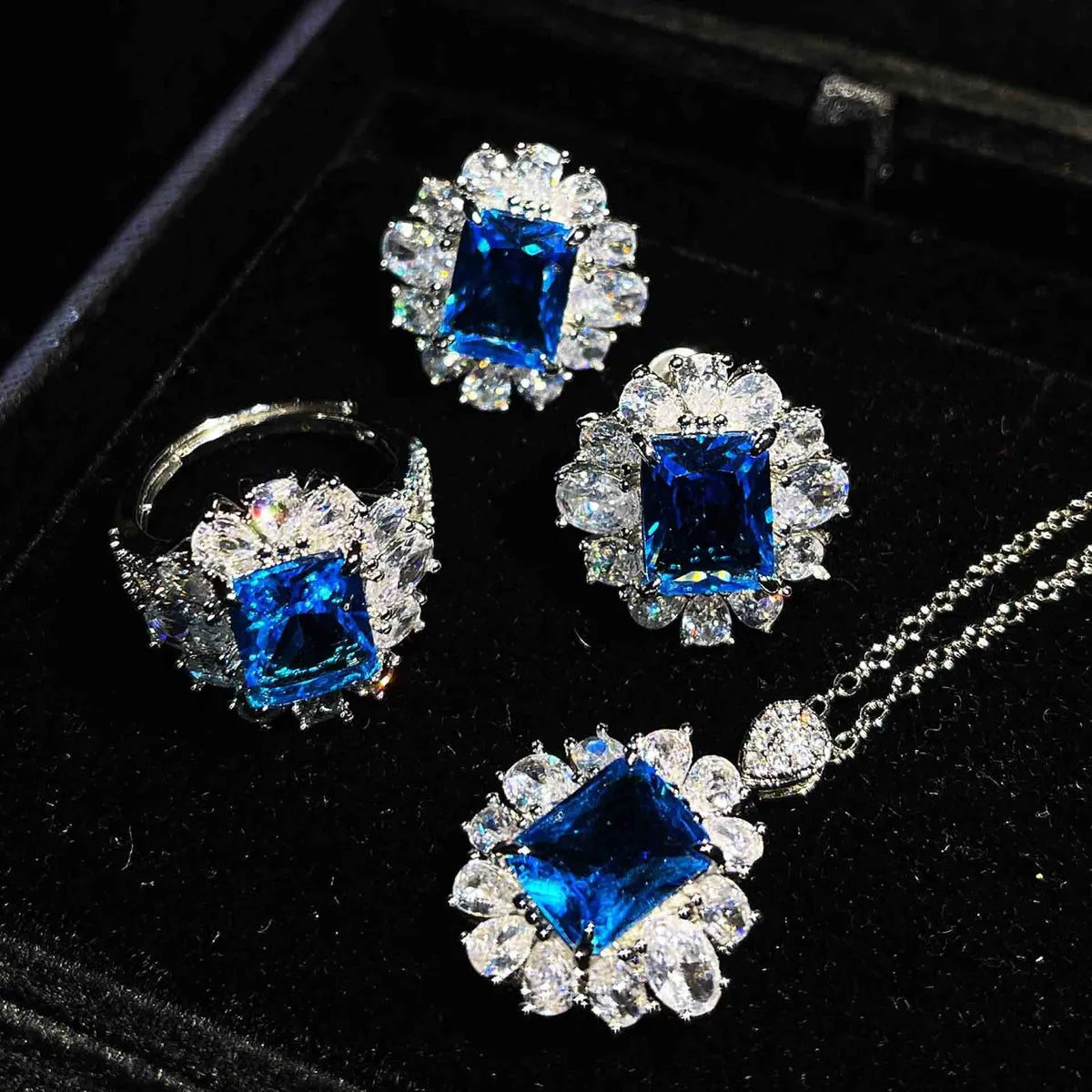 Color Treasure Set  Yellow Diamond Topaz Blue Argyle Pink Square Diamond Ring Earrings Pendant