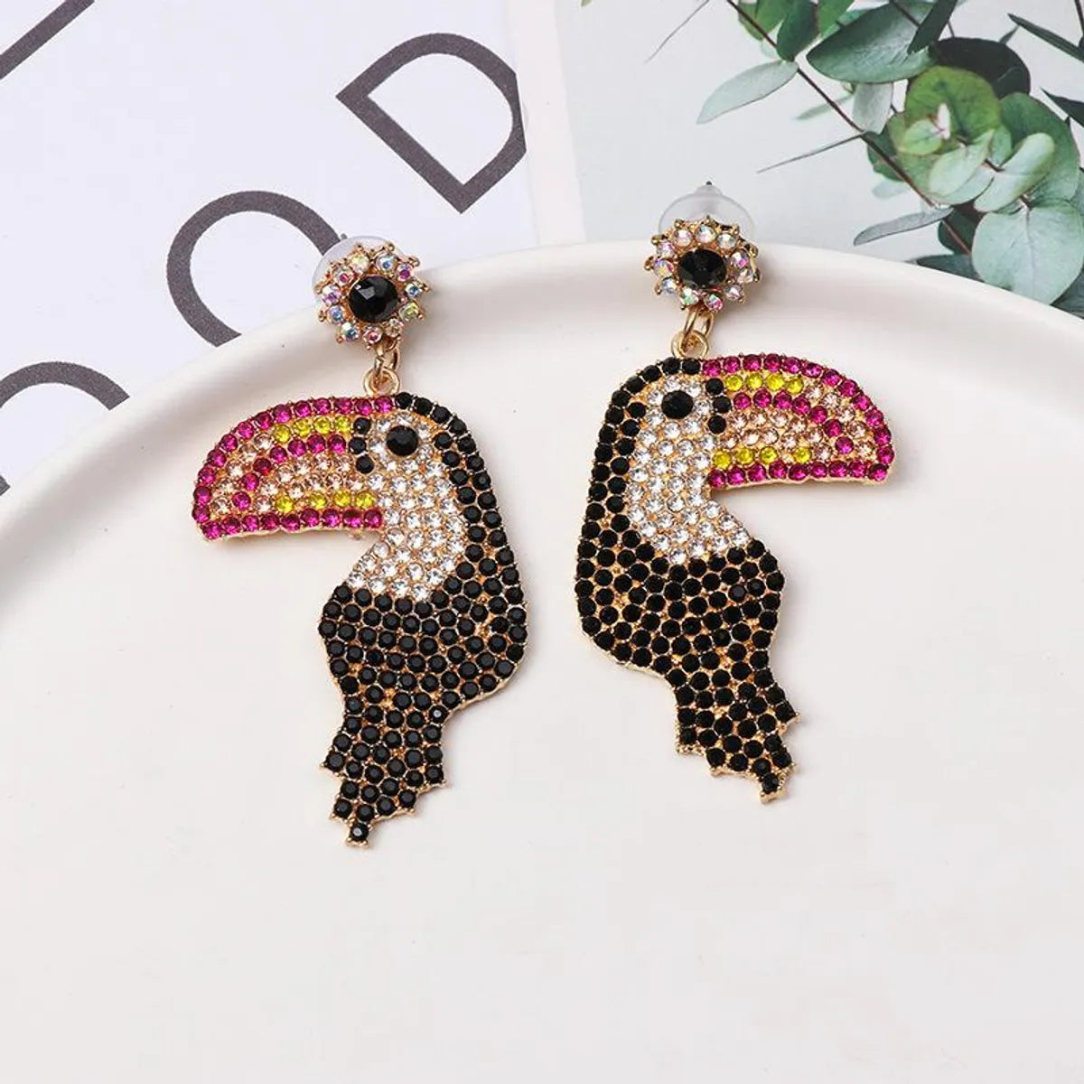 Colored Diamond-studded Woodpecker Stud Earrings Nhjj154488