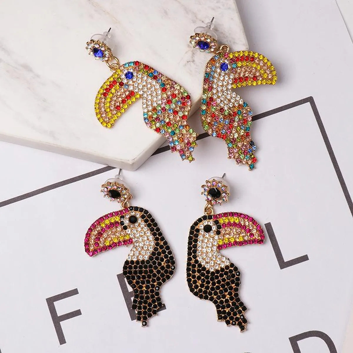 Colored Diamond-studded Woodpecker Stud Earrings Nhjj154488